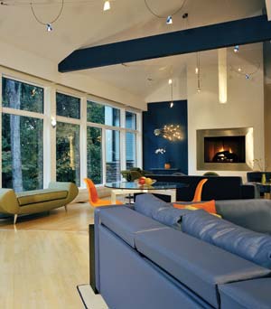 A custom, stainless steel fireplace the owners designed runs on natural gas. The blue sofa fabric by Knoll—which looks and feels like leather—is actually recycled polyester and nylon and wipes clean with a damp cloth.